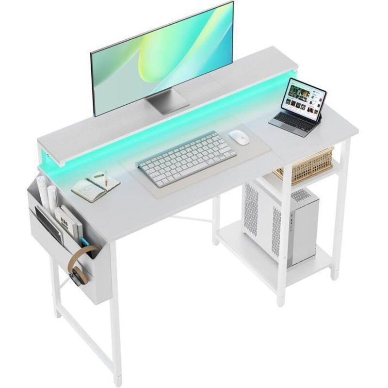 HLONONE - Bureau informatique réglable - Éclairage LED - Pochette de rangement - 100 x 48 cm - Blanc