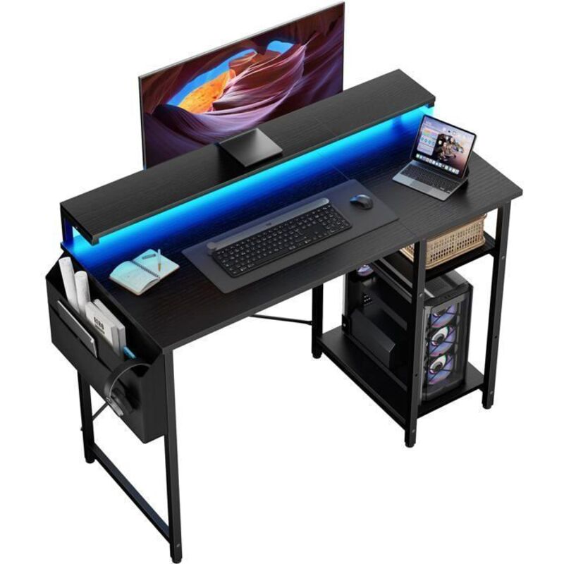 HLONONE - Bureau informatique réglable - Noir - Éclairage LED - Dimensions 100 x 48 x 74 cm
