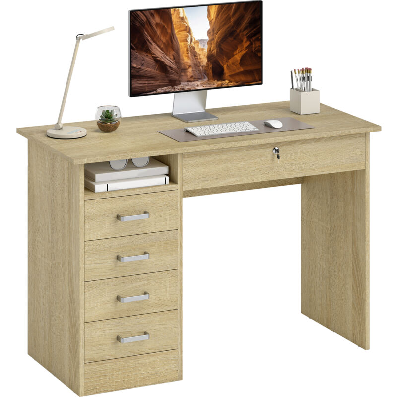 Bureau informatique HOMCOM avec 5 tiroirs, grand plateau, 1 compartiment ouvert, tiroir verrouillable, 110 x 50 x 76cm, chêne