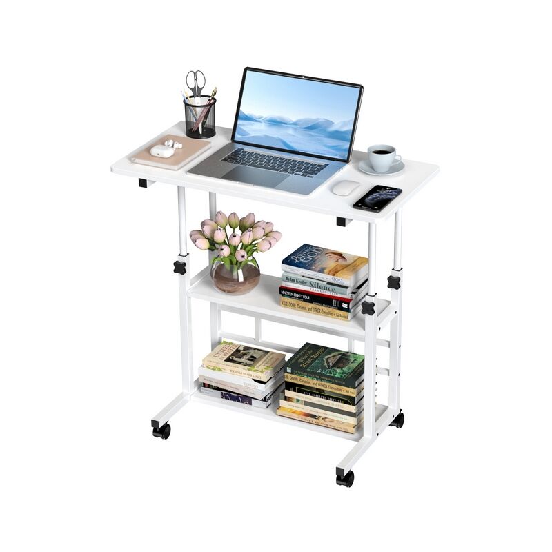 Bureau Informatique Réglable en Hauteur avec Étagère et Roulettes Bloquables - Table Mobile Ergonomique Plateau MDF Blanc 80x40x75-96cm - Idéal