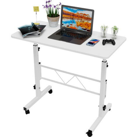 Bureau Informatique Réglable en Hauteur avec Roulettes Bloquables - Table Mobile Ergonomique Plateau MDF Durable + Structure Métallique - Dimensions 80x40x74-110cm (Idéal Canapé/Chambre/Salon/Bureau)