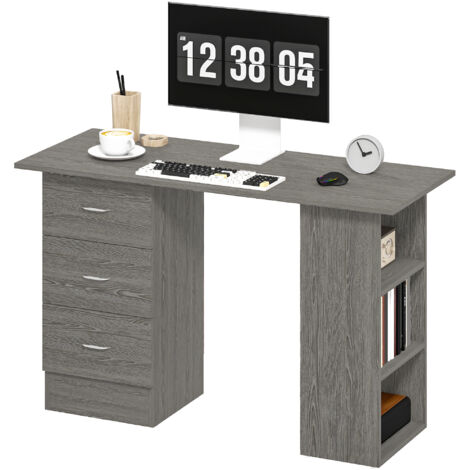 Bureau informatique réversible 120x49x72 cm gris avec 3 tiroirs et 3 étagères