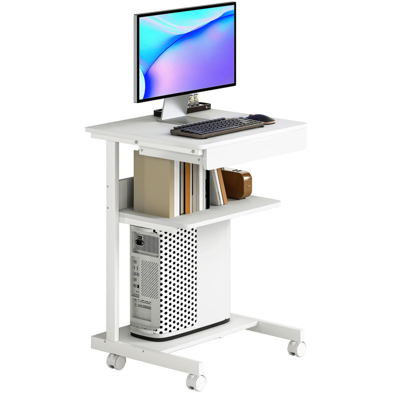 Homcom - Bureau informatique roulant - bureau mobile - table d'ordinateur - tiroir coulissant 2 étagères - blanc naturel