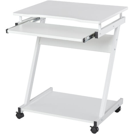 Bureau Informatique Roulant Mobile Blanc avec Tablette Clavier Coulissante et Étagère