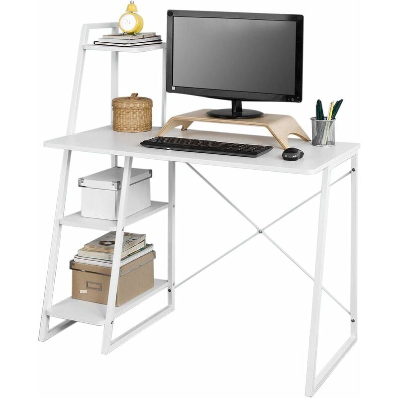 bureau informatique, secrétaire table plan de travail avec 3 étagères cadre métal -blanc fwt29-w sobuy