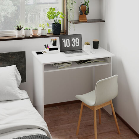 Bureau informatique sobre épuré compact avec 1 étagère. panneaux de particules. dim. 90l x 50P x 74H cm. blanc laqué