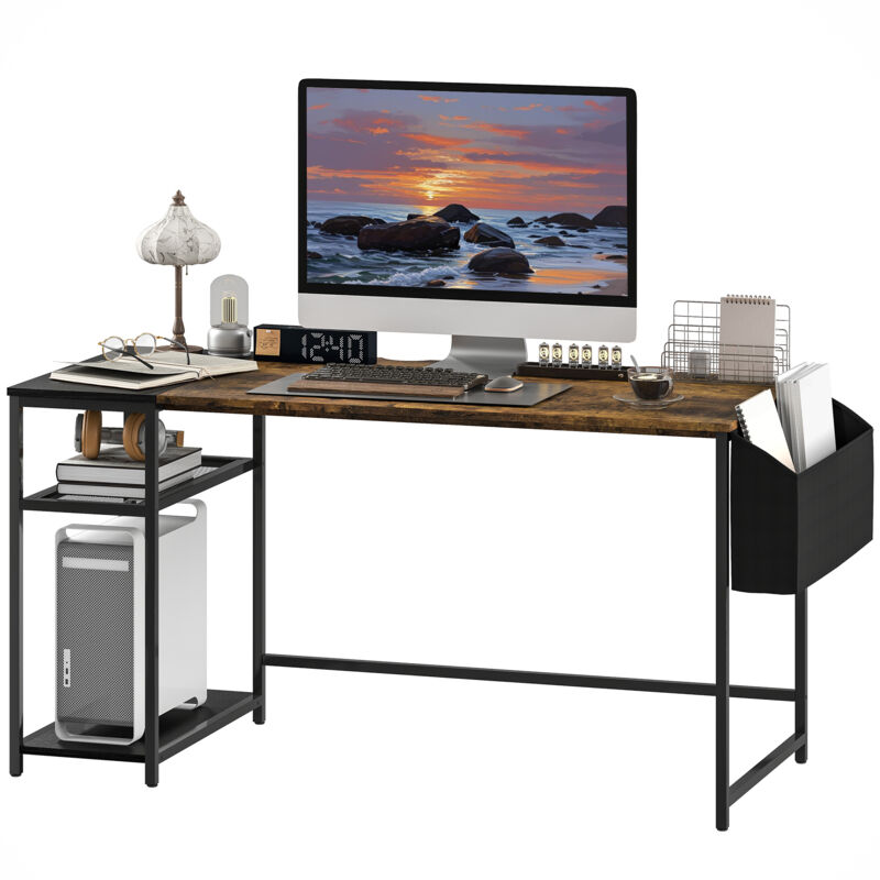Homcom - Bureau informatique style industriel dim. 150 x 60 cm - 3 étagères, panier - métal noir effet bois vieilli