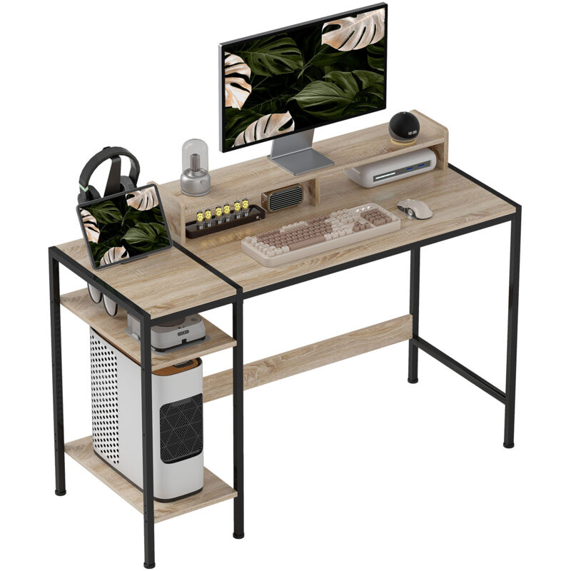 Homcom - Bureau informatique style industriel - grand plateau 120 cm avec réhausseur - 2 étagères - acier noir effet chêne clair