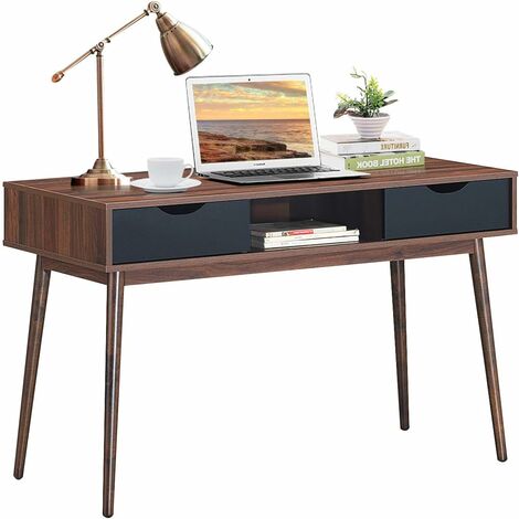 bureau informatique,table d'ordinateur en bois d’hévéa avec 2 tiroirs, pieds evasés