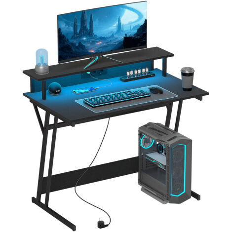 Bureau jeu leds 100x60 cm étagères moniteurs télécommande, noire