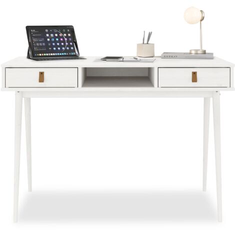 Bureau KIM en pin massif avec 2 tiroirs et 1 niche lasuré blanc