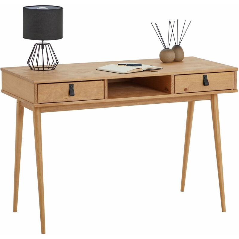 Idimex - Bureau kim en pin massif avec 2 tiroirs et 1 niche lasuré brun