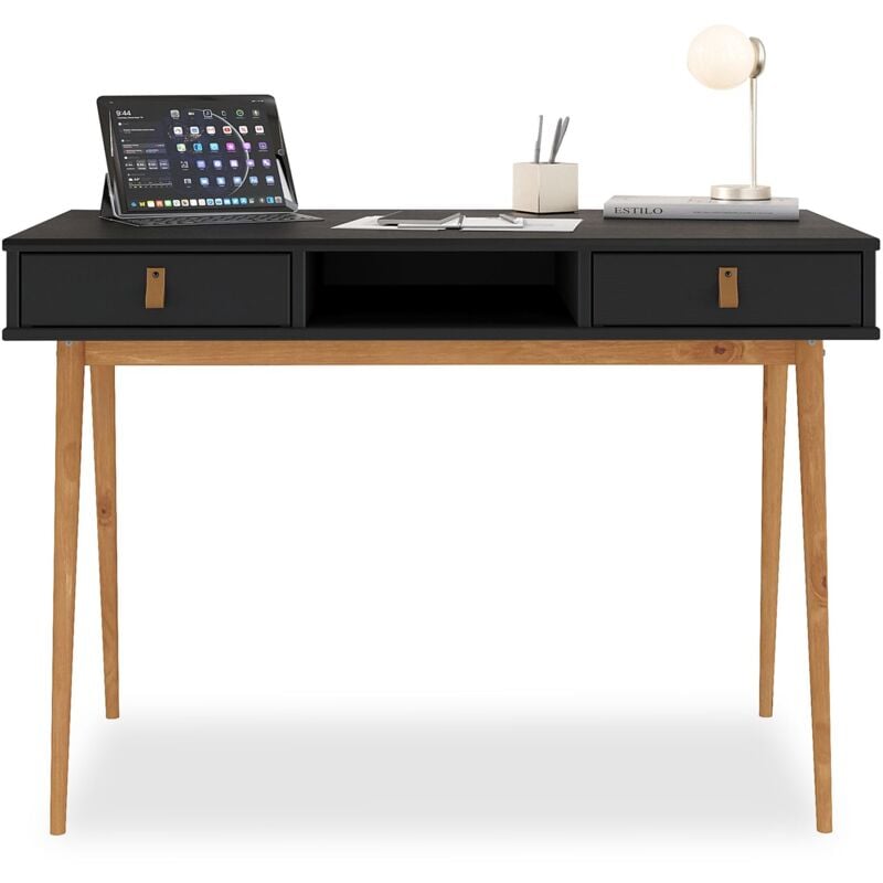 Idimex - Bureau kim en pin massif avec 2 tiroirs et 1 niche lasuré noir/chêne