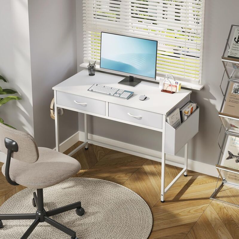 Klihome - Bureau Table de Bureau avec Rangement, 2 Tiroirs, 1 Crochet et 1 Panier, 100x48cm, Cadre en Métal, Blanc