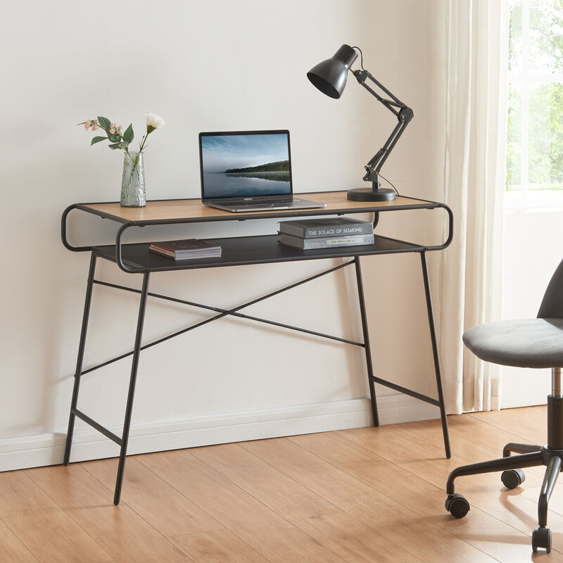 [en.casa] - Bureau Krødsherad avec étagère métal mdf 76 x 106 x 46 cm noir effet chêne
