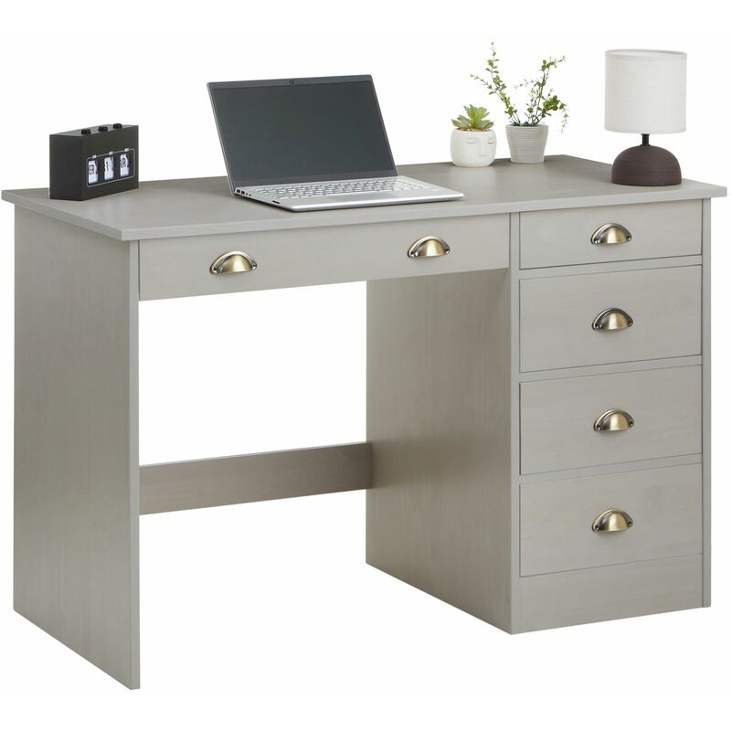 Idimex - Bureau lana avec 5 tiroirs en pin massif lasuré gris