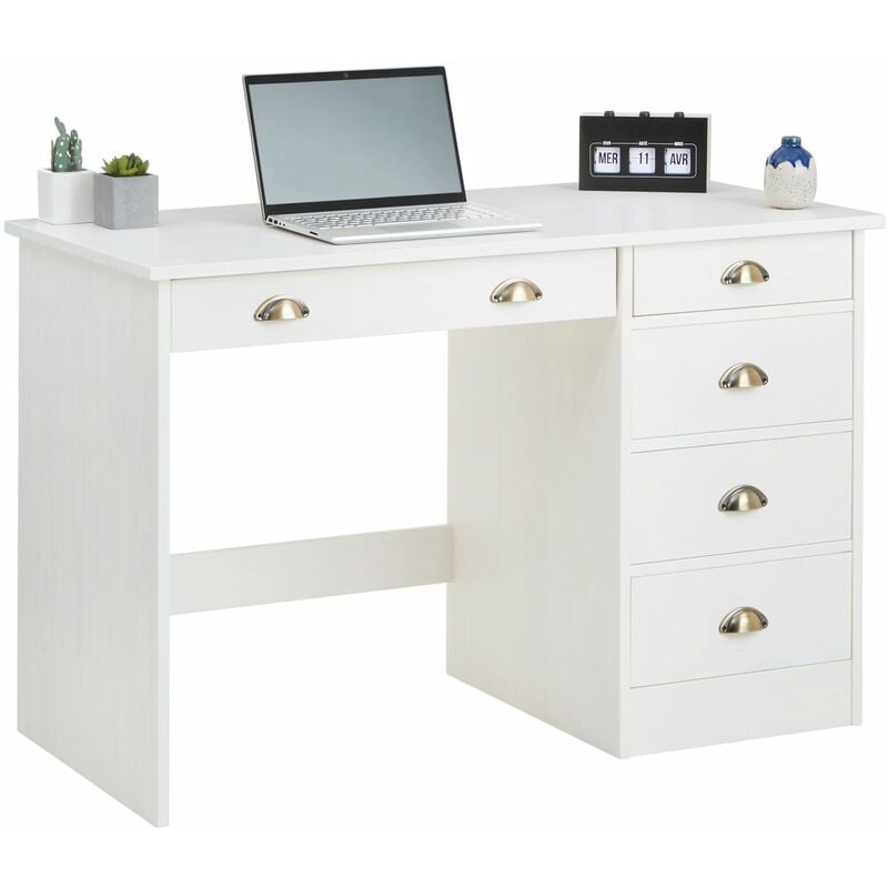 Bureau LANA avec 5 tiroirs en pin massif lasuré blanc