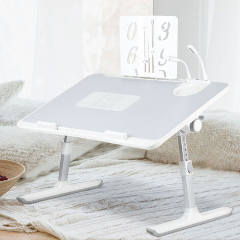Bureau Lit Ergonomique avec Ventilateur USB et Tiroir Extensible - Table Multifonction 7 Hauteurs Réglables, Étagère Intégrée & Plateau MDF Anti-Rayures (60x40x22-40cm) - Confort Travail/Étude au Lit
