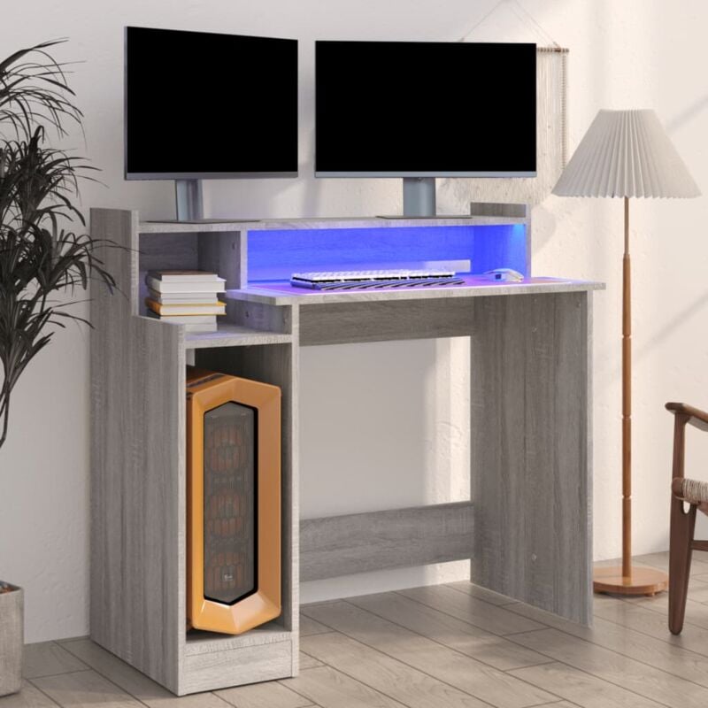 Vidaxl - Bureau et lumières led Sonoma gris 97x45x90cm Bois d'ingénierie