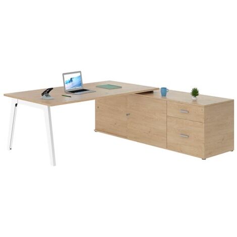 Bureau manager chêne clair avec console à droite - piètement blanc - Maxiburo