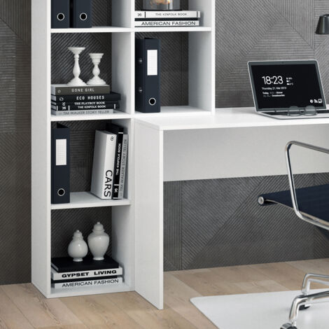 Vicco – Bureau droit compact blanc 166.8 x 59 cm – Panneau de particules 16 mm – Étagère latérale 6 compartiments – Pour espace de travail optimisé