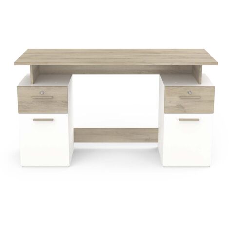 Bureau meuble de rangement 2 tiroirs 2 portes couleur chêne / blanc mat - Largeur 134,8 x Profondeur 55 x Hauteur 76,4 cm