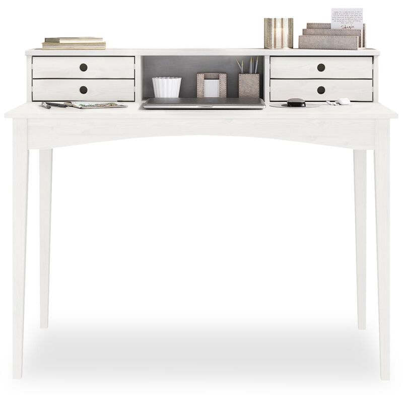 Idimex - Bureau milano en pin massif avec 4 tiroirs et 1 niche, lasuré blanc