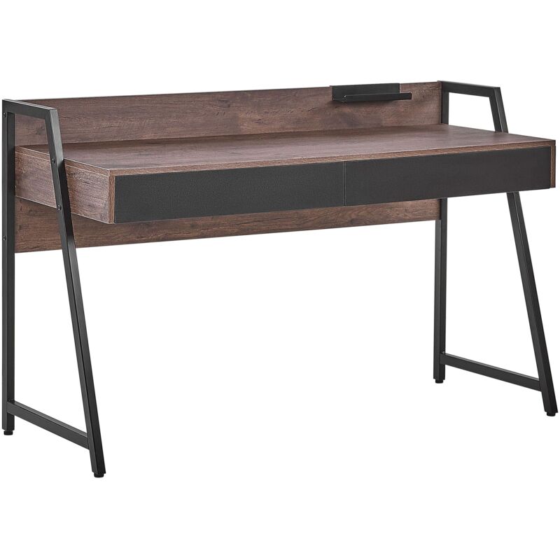 Beliani - Bureau 120 x 50 cm Effet Bois Foncé avec 2 Tiroirs et Pieds en Métal Noir Design Tendance Idéal pour Intérieur Minimaliste et Industriel