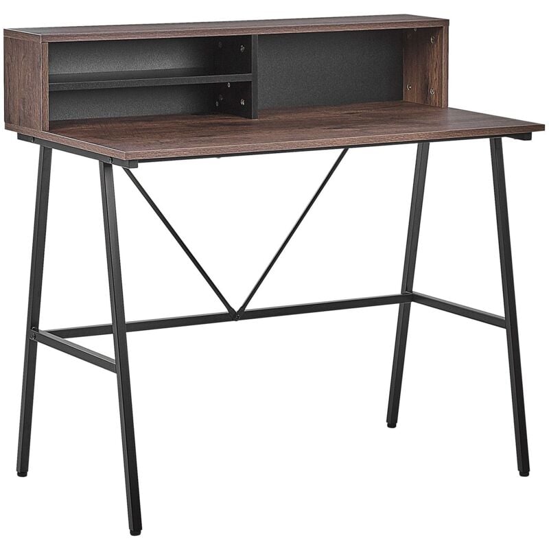 Beliani - Bureau 100 x 50 cm Effet Bois Foncé avec Etagère Pratique et Pieds en Métal Noir Design Tendance Idéal pour Intérieur Minimaliste et Moderne