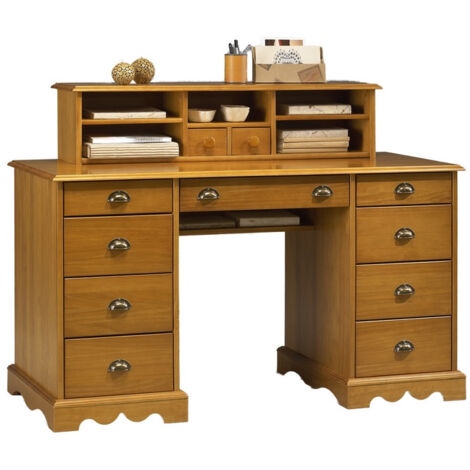 Bureau Ministre Pin Miel Style Anglais 11 Tiroirs 5 Niches L 137.5 H 99.7 P 58.3 cm
