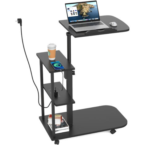 Bureau Mobile Gaming avec 3 Étagères en MDF Noir - Table d'Ordinateur Réglable Électrique (71-107cm) & Station de Recharge USB/Prise, Roulettes Pivotantes pour Bureau à Domicile/Espace Compact