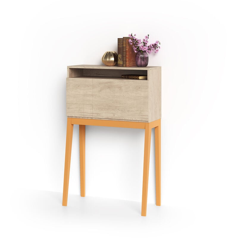 Herdasa - Bureau, modèle bristol, en mélamine blanc avec pieds laqués et porte pliable. Chêne clair et Moutarde