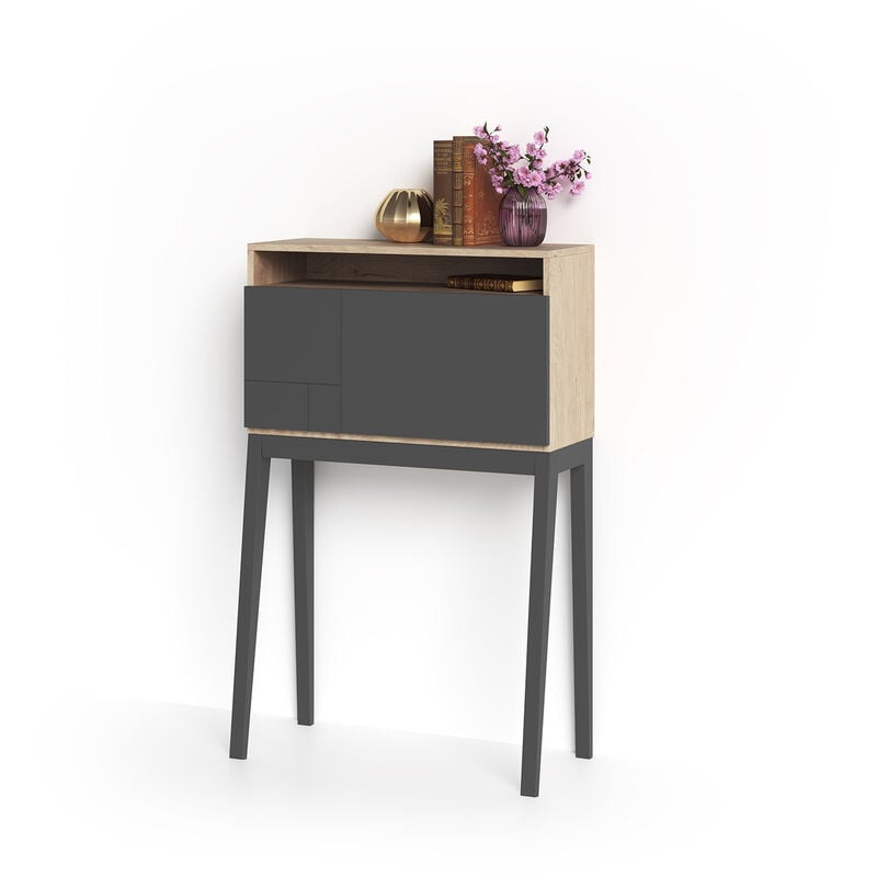 Herdasa - Bureau, modèle bristol, en mélamine blanc avec pieds laqués et porte pliable. Chêne clair et Graphite