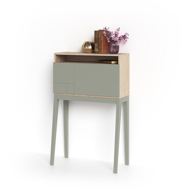 Herdasa - Bureau, modèle bristol, en mélamine blanc avec pieds laqués et porte pliable. Chêne clair et Vert