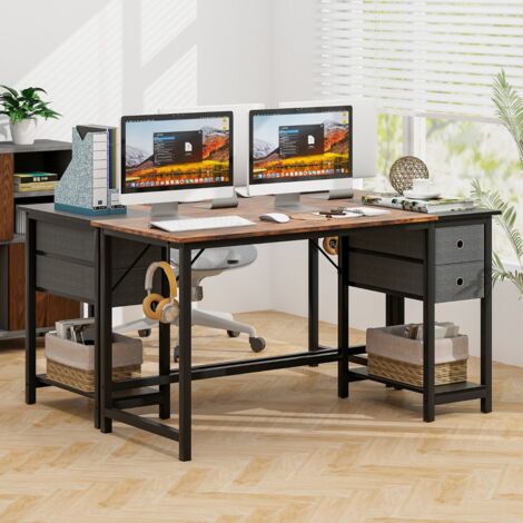 Bureau Moderne 140 cm avec 2 Tiroirs, Crochet de Suspension et Étagère Marron Rustique et Noir CW19861