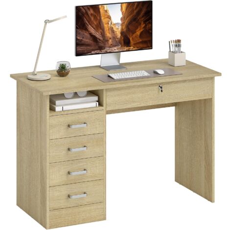 Bureau moderne à cinq tiroirs : grand plateau, un tiroir ouvert et un tiroir verrouillable. Dimensions : 110 x 50 x 76 cm. En chêne.