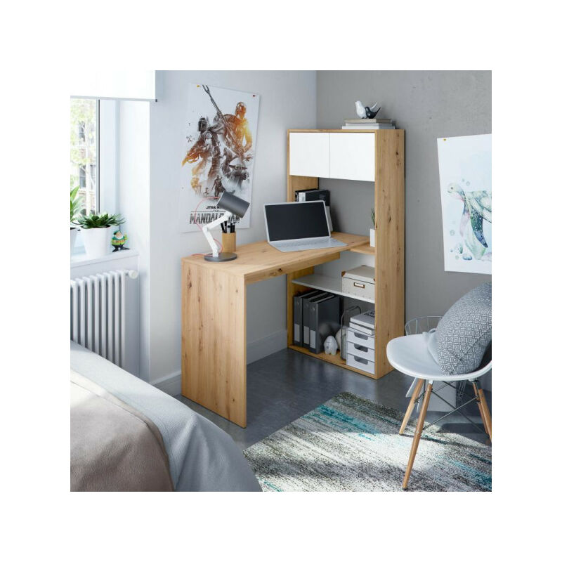 TMM - Bureau modulable avec étagères Blanc/Chêne - aiki - Horizontale : l 112 x l 144 x h 72.5 Verticale : l 108 x l 70 x h 140 cm