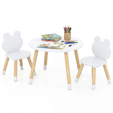 Bureau Multi-Activités avec Chaises en Forme de Grenouille pour Enfant 3 Ans+, Pieds en Bois pour Classe, Crèche, Maison, Jeux & Lecture, Blanc