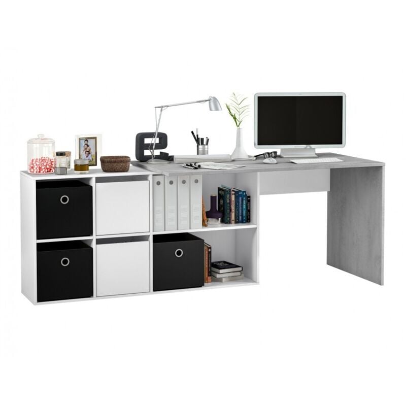 Abitare - Bureau multiposition 206x66 cm blanc mat et béton avec deux portes et quatre étagères - Seda