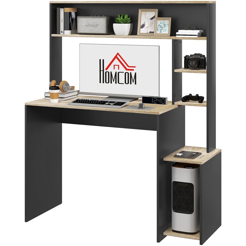Homcom - Bureau multi-rangement 5 étagères dim. 114L x 45l x 138H cm gris aspect chêne clair
