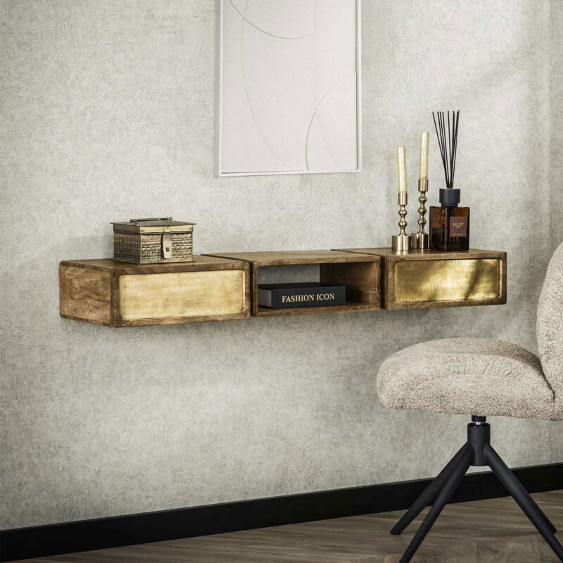 M&s - Bureau mural 2 tiroirs 123x30x15 cm en manguier et laiton - drizi M&s - Bureau mural 2 tiroirs 123x30x15 cm en manguier et laiton - drizi