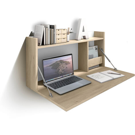 Bureau mural enfant en mélamine chêne clair et blanc – Dimensions 80x42x45.5cm – Porte rabattable avec vérins d'ouverture lente – Herdasa