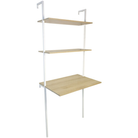 Bureau mural industriel à 2 étagères - bois et métal - Blanc - FSC 70% - 76x51x185cm