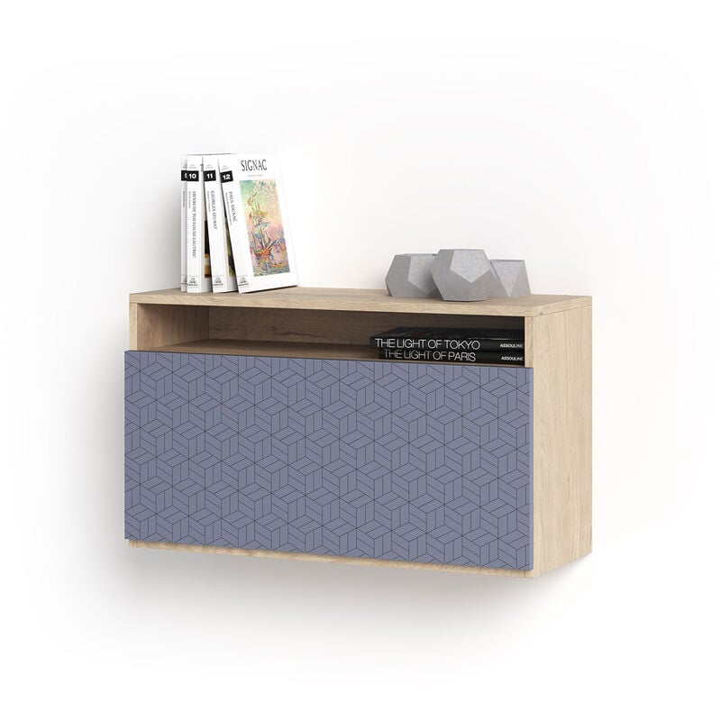 Herdasa - Bureau mural, modèle oporto, en mélamine, avec porte pliable sérigraphié. Chêne clair et Bleu Geo2