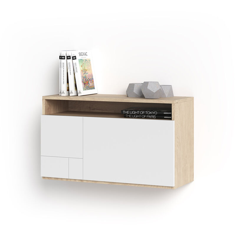 Herdasa - Bureau mural, modèle oporto, en mélamine avec porte rabattable. Chêne clair et Blanc