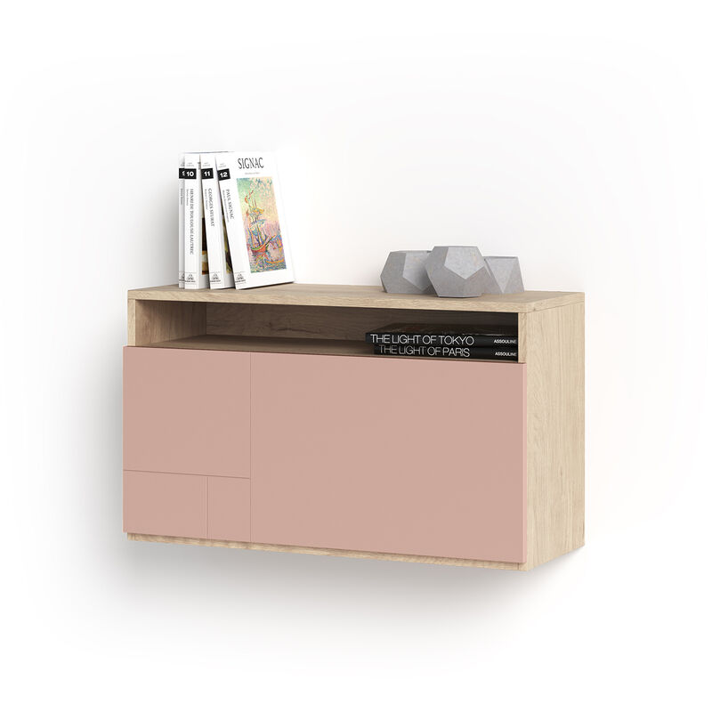 Herdasa - Bureau mural, modèle oporto, en mélamine avec porte rabattable. Chêne clair et Rose