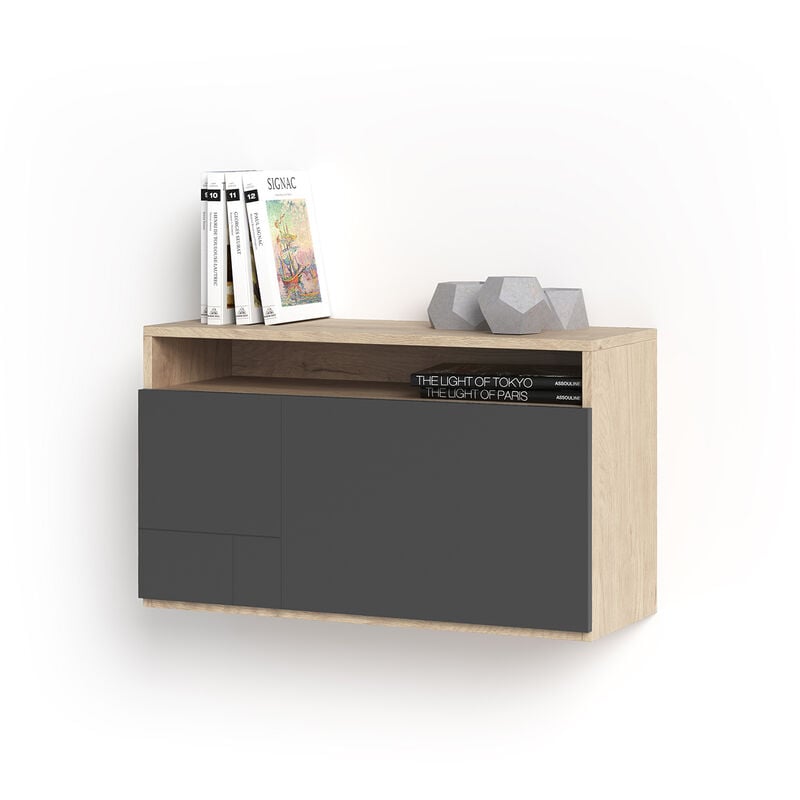 Herdasa - Bureau mural, modèle oporto, en mélamine avec porte rabattable. Chêne clair et Graphite