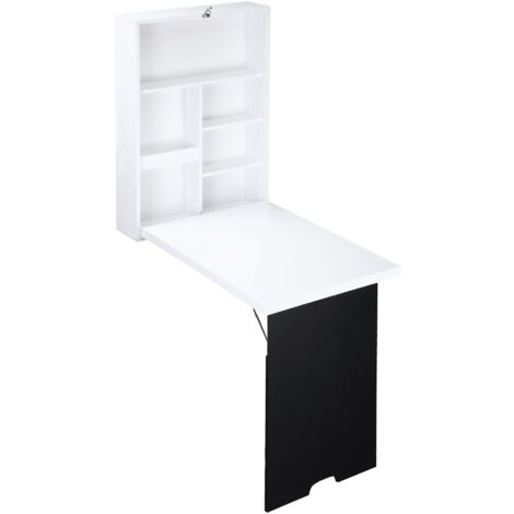 Bureau mural pliable blanc MDF avec étagère et tableau noir intégré, HOMCOM