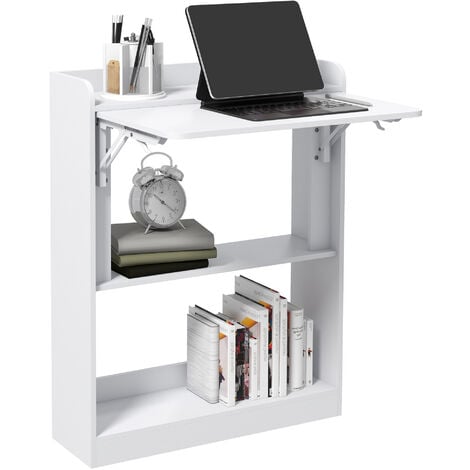 HOMCOM Bureau mural pliable d'appoint table murale rabattable suspendue avec bibliothèque 3 étagères panneaux blanc