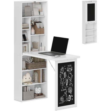 Bureau mural pliable rabattable avec rangement, bibliothèque intégrée, poste de travail, tableau à craie et étagère réglable. Idéal pour petit espace, bureau escamotable multifonction, meuble gain de 